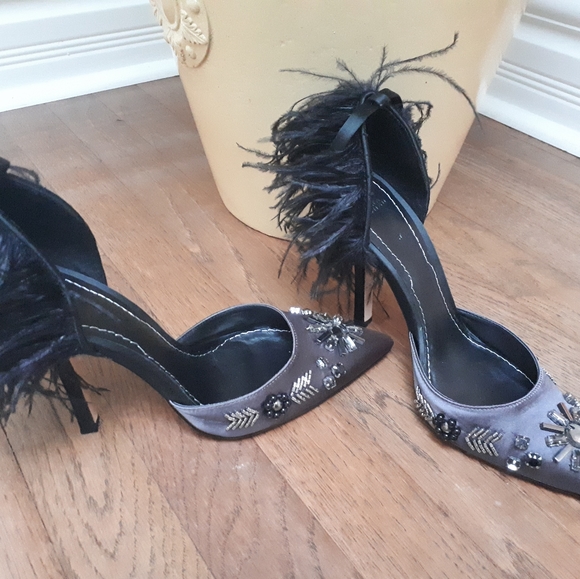 New Zara satin jewelled crystal embroidered feathered high heel shoes - Picture 2 of 6